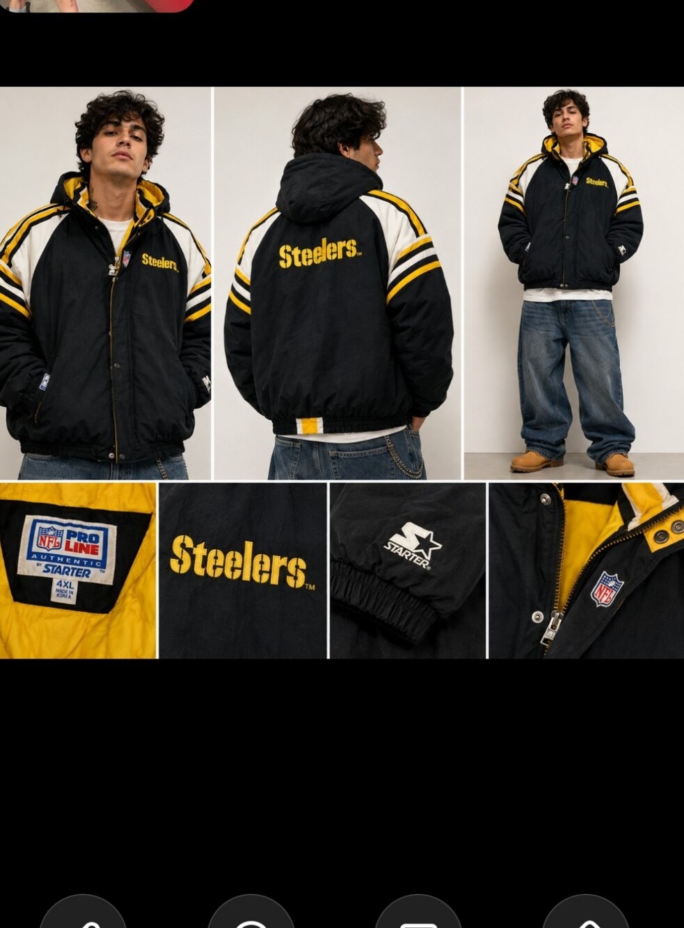 Vintage 90s Starter NFL Steelers Pro Line Jacket 4XL Black Yellow Hooded